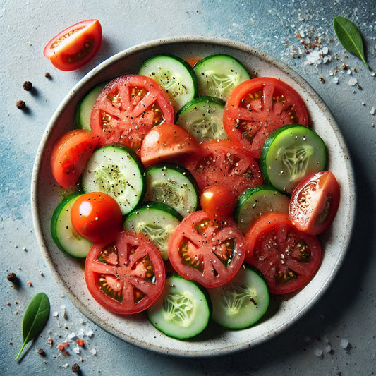 Plate of tomato cucumber salad