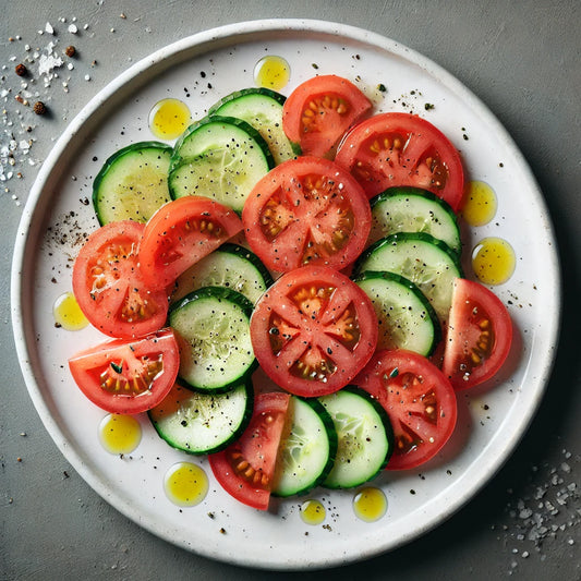 Plate of Cucumber, tomato salad drizzled with grapefruit white balsamic dressing