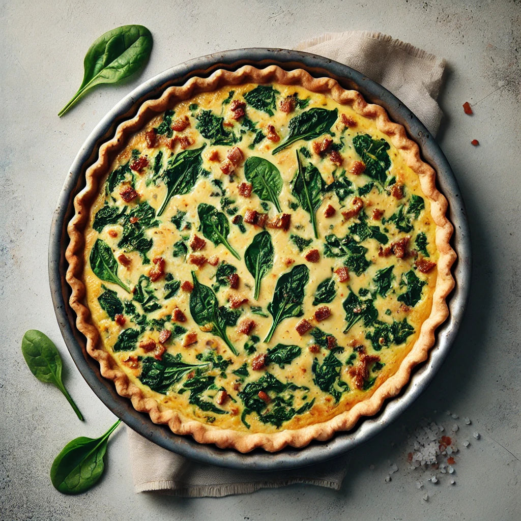 Plate of bacon cheddar spinach quiche