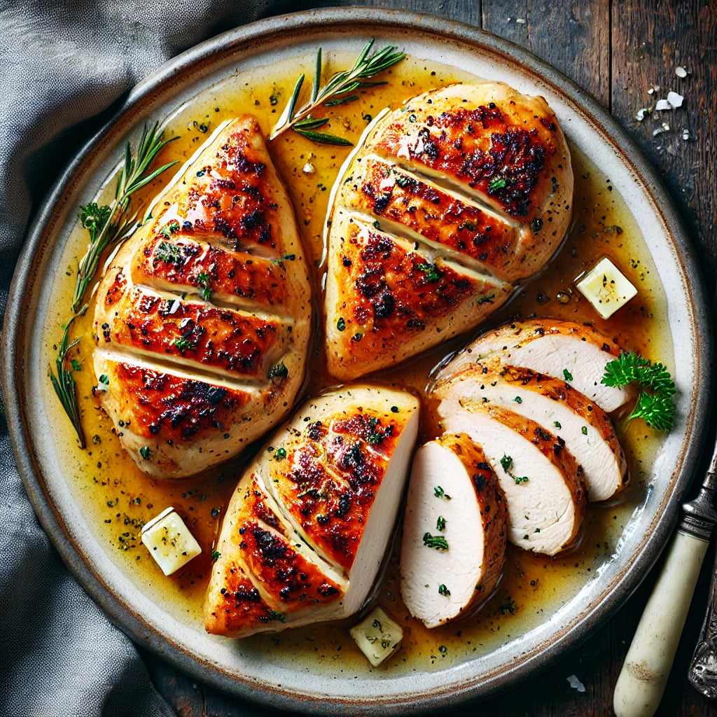 Plate of grilled chicken breast with fresh herbs and Sherry Reserva