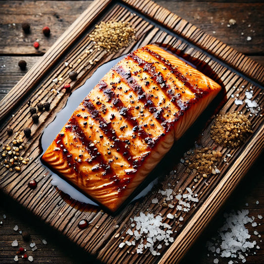 Salmon Alfoos Mango Balsamic cooked on a cedar plank