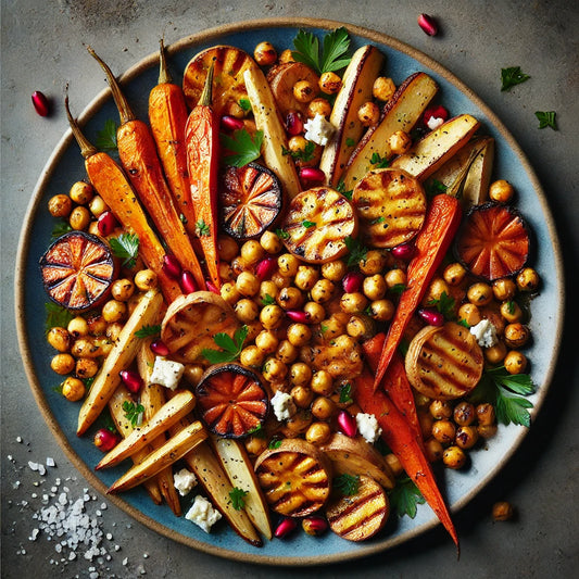 Plate of sweet and spicy roasted carrots and parsnip