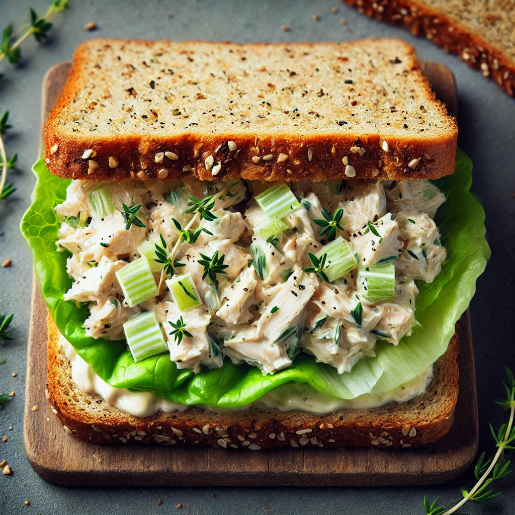 Porchini Chicken Salad siitting on whole-grain bread with lettuc