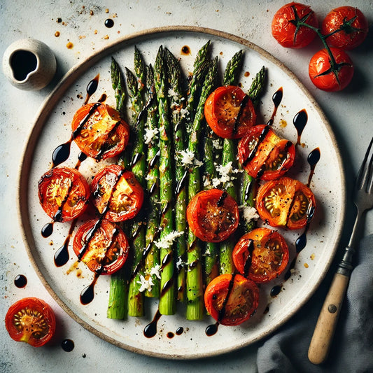 Plate of Roasted Asparagus & Tomatoes w/& Goat Cheese