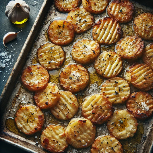 Garlic smashed potatoes on a baking sheet fresh out of the oven drizzled with Branch and Vine garlic oil.