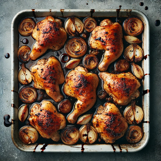 Roasted chicken things fresh from the oven drizzled in balsamic and olive oil