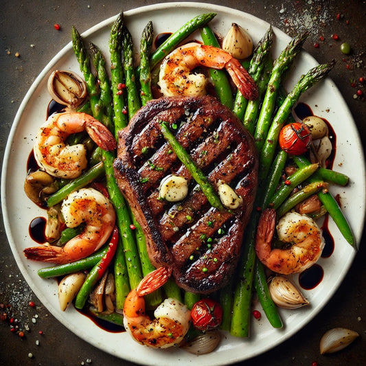 Plate of steak and shrimp on a bed of asparagus.