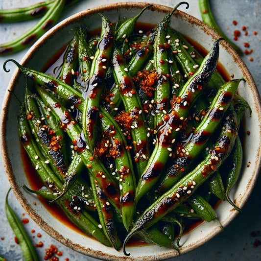 Plate of ponzu green beans slightly charred